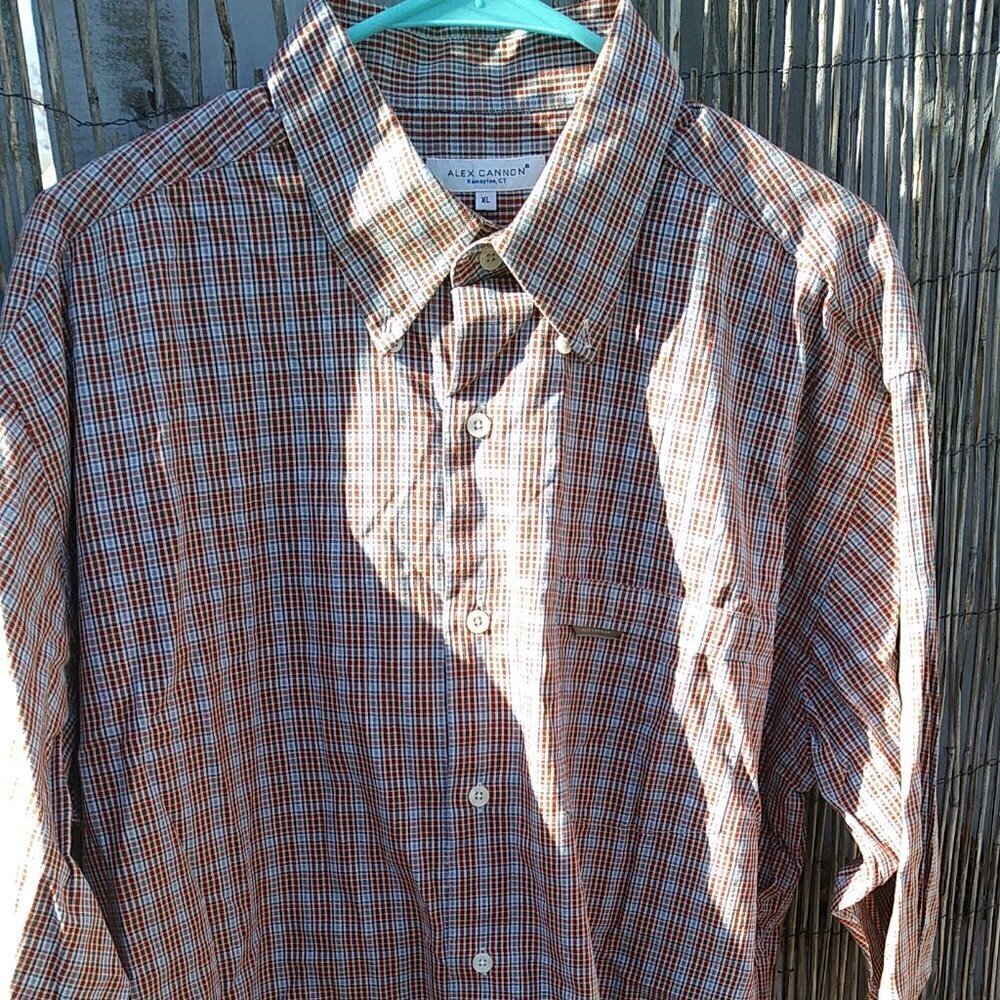 Alex Cannon Men's Orange Blue Brown Plaid Button Down - XL